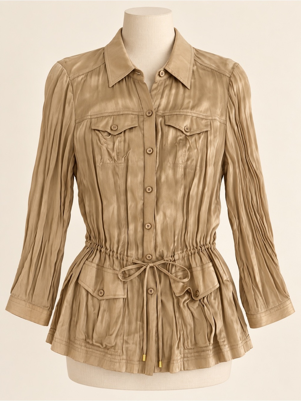 Caché Silk Safari Utility Tunic Blouse Champagne Gold Pleated Size S